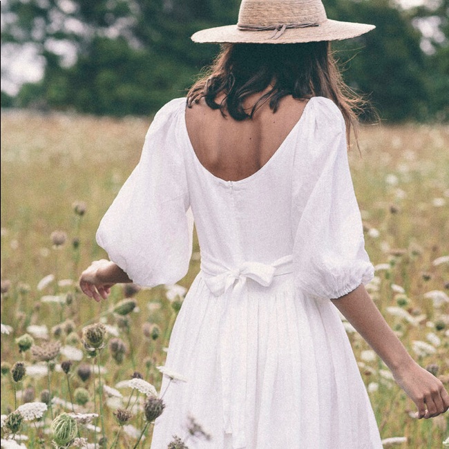 White Midi Puff-Sleeve Dress - Classic Women's Summer Dress